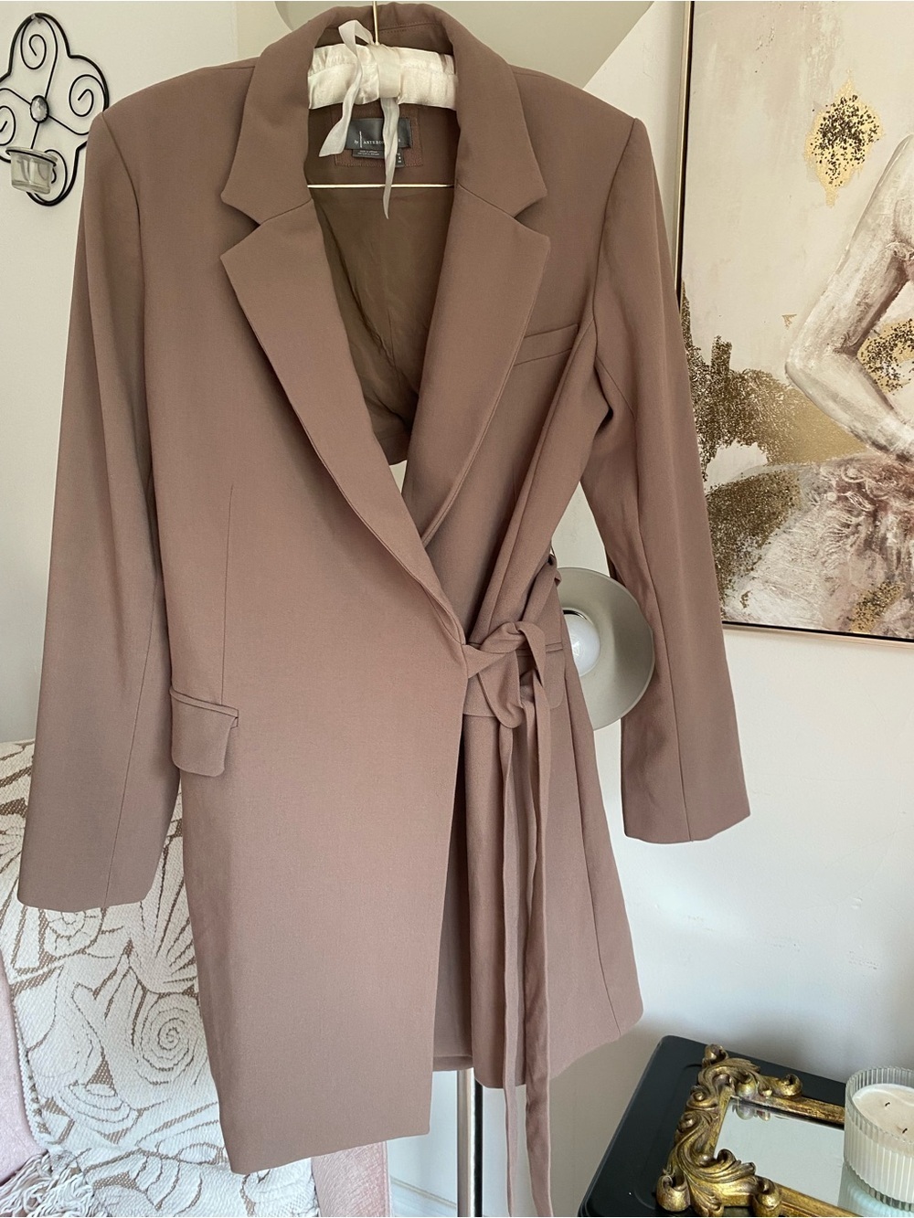 ANTHROPOLOGIE TAUPE TIE WAIST OPEN BACK BLAZER DRESS 8 - Picture 3 of 12